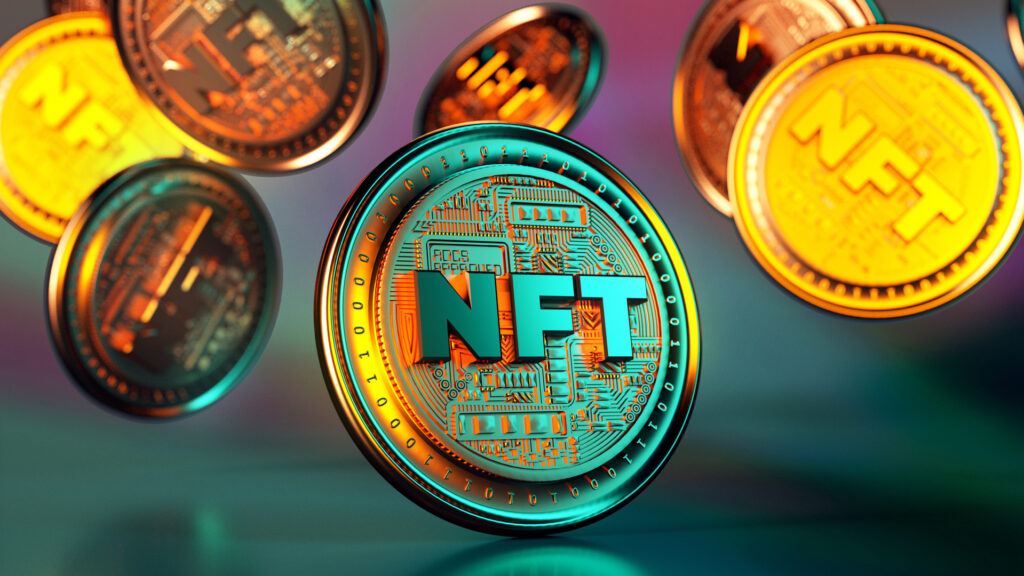 Nft Non Fungible Token Golden Coins Falling. Trendy Cryptocurrencies And Coins On The Blockchain Technology. Close Up View Of Crypto Money In 3d Rendering